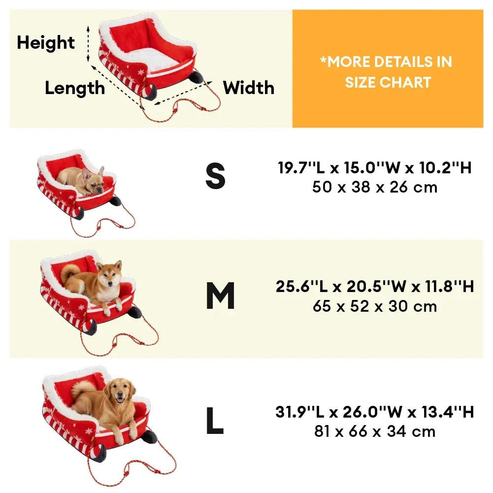 Christmas Sleigh Plush Pet Bed Size Chart by Developaw