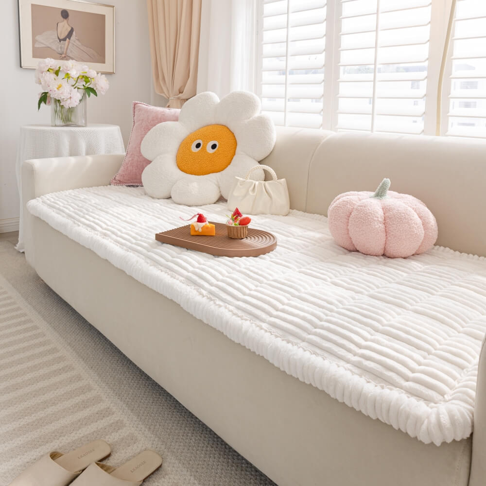 DEVELOPAW Corduroy Quilted Sofa Cover White 2