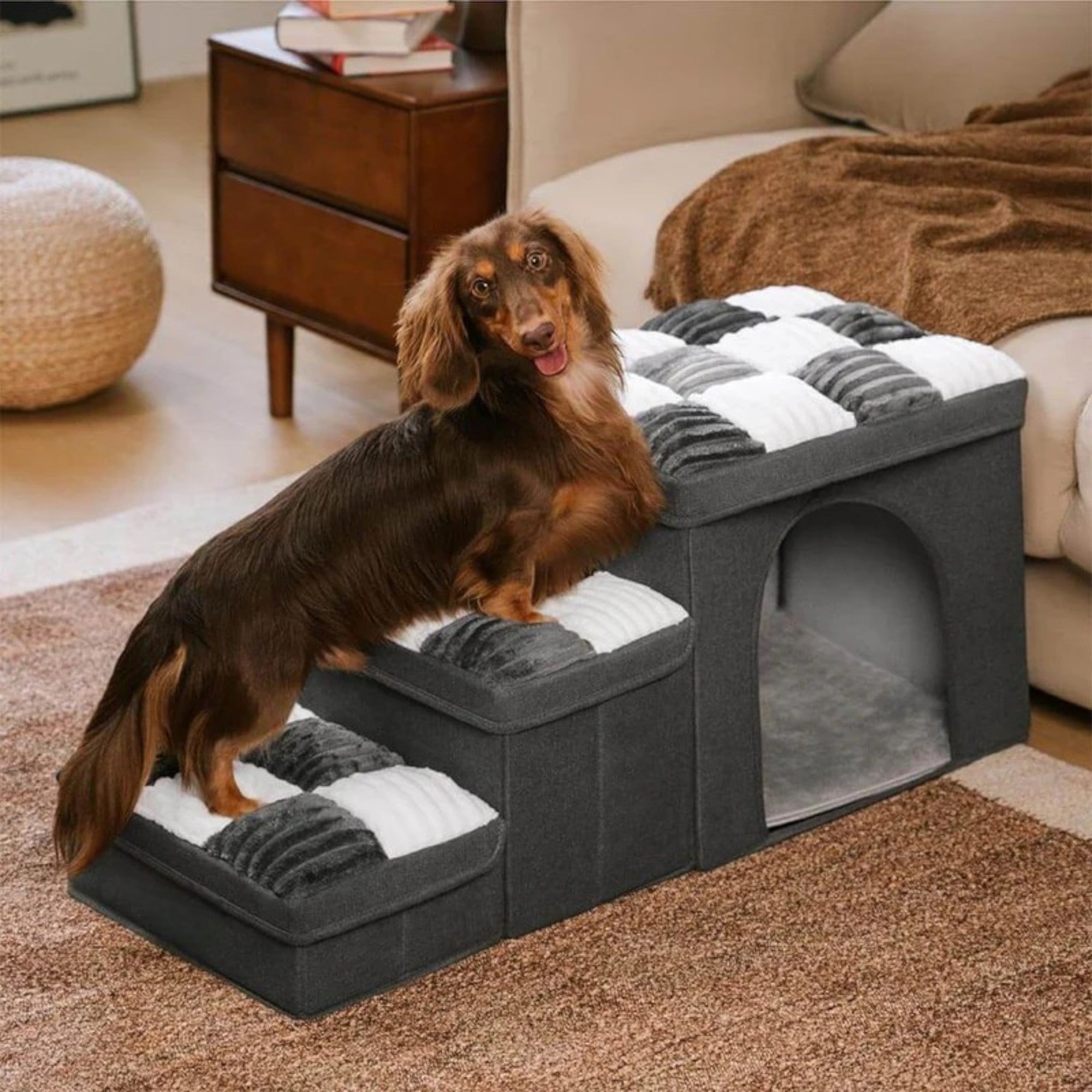 ChessStep - Handcrafted Dog Stairs with Storage & Cozy Condo
