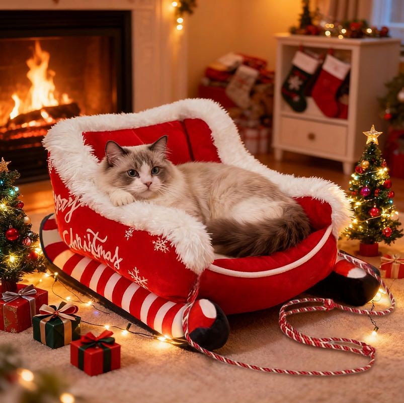 Cat Sleeping on Soft Christmas Sleigh Pet Bed – Plush, Washable & Non-Slip Design by Developaw