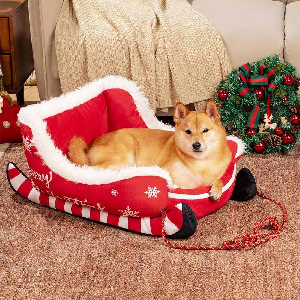 Soft Plush Christmas Sleigh Pet Bed for Cats & Small Dogs – Warm & Washable by Developaw