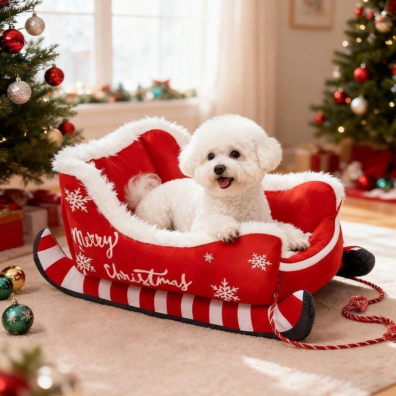 Dog Relaxing on Plush Christmas Sleigh Pet Bed – Warm & Washable Sofa Nest by Developaw