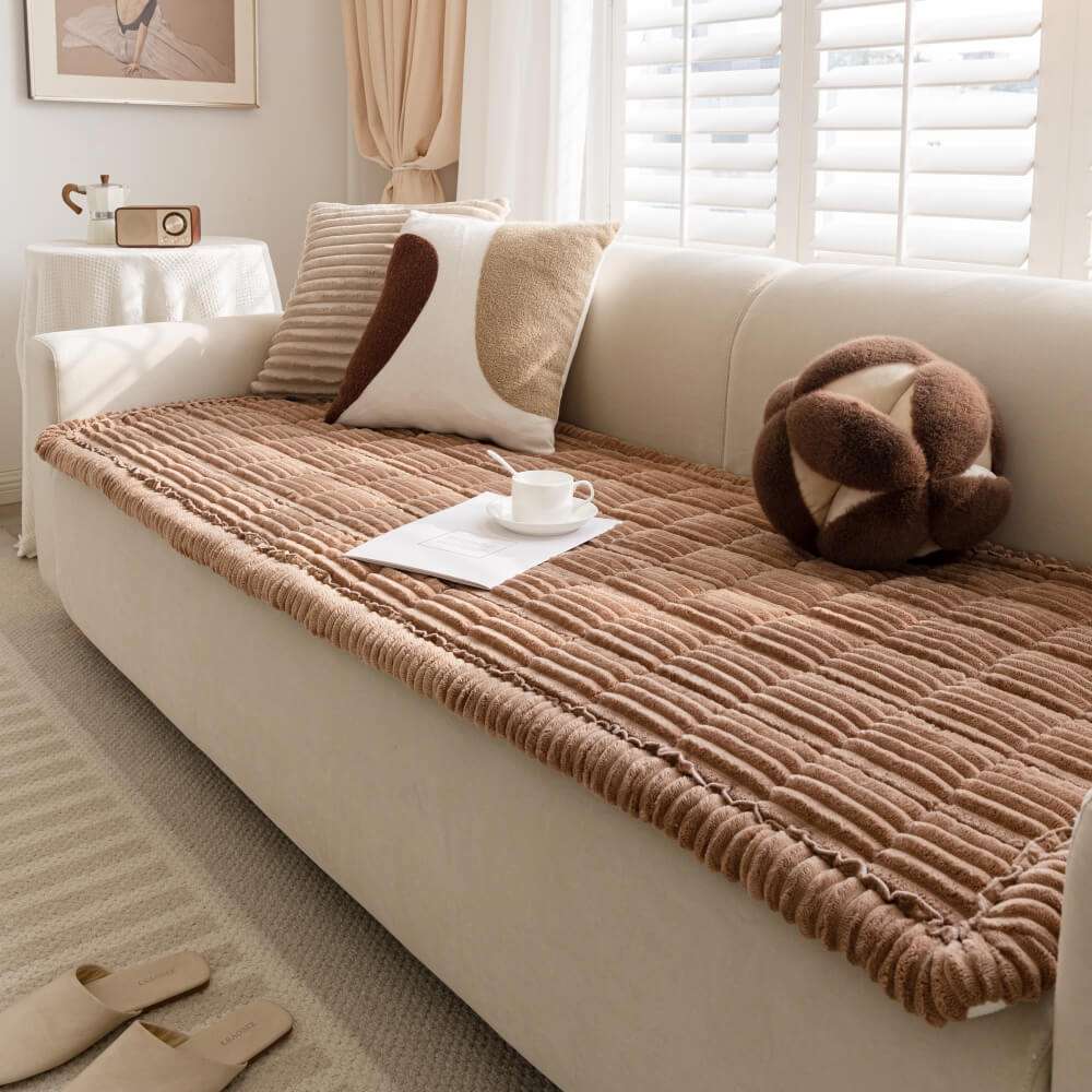 DEVELOPAW Corduroy Quilted Sofa Cover - Brown