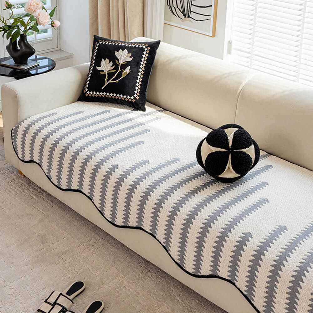 WavyEdge Chenille Sofa Cover with Irregular Lace – Non-Slip, Washable & All-Season
